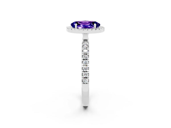 White gold Oval Cut Tanzanite Classic Halo Engagement Ring with Round Pavé Band and Prong Setting