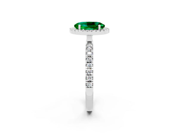 Platinum Oval Cut Emerald Classic Halo Engagement Ring with Round Pavé Band and Prong Setting