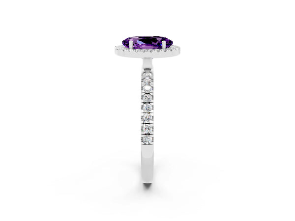 Platinum Oval Cut Amethyst Classic Halo Engagement Ring with Round Pavé Band and Prong Setting