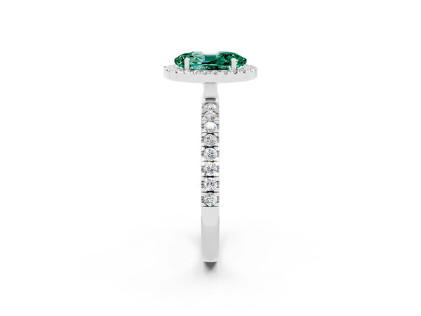 Platinum Oval Cut Green Sapphire Classic Halo Engagement Ring with Round Pavé Band and Prong Setting