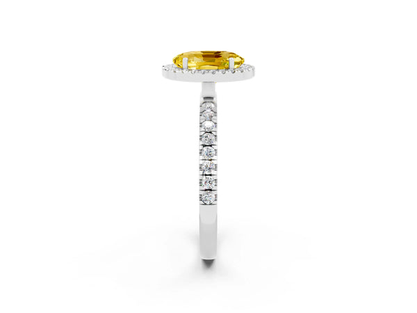 Platinum Oval Cut Yellow Sapphire Classic Halo Engagement Ring with Round Pavé Band and Prong Setting