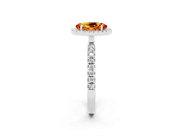 White gold Oval Cut Citrine Classic Halo Engagement Ring with Round Pavé Band and Prong Setting