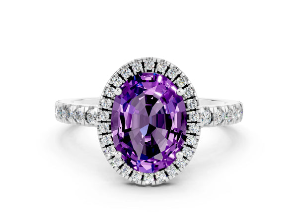 Platinum Oval Cut Amethyst Classic Halo Engagement Ring with Round Pavé Band and Prong Setting