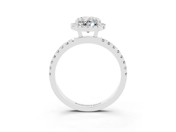 Silver Oval Cut Moissanite Classic Halo Engagement Ring with Round Pavé Band and Prong Setting