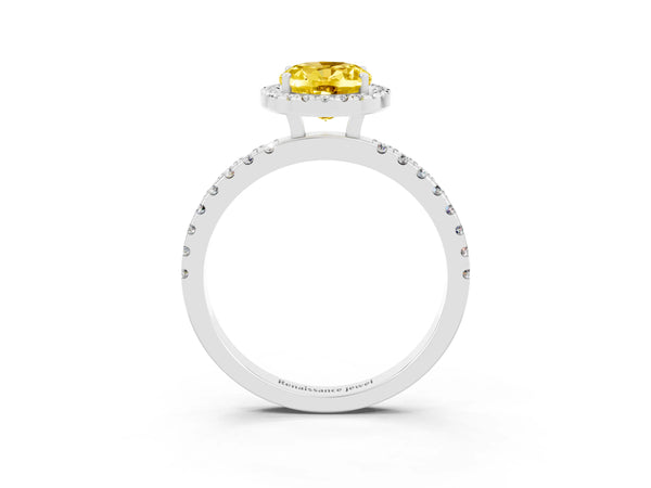 Platinum Oval Cut Yellow Sapphire Classic Halo Engagement Ring with Round Pavé Band and Prong Setting