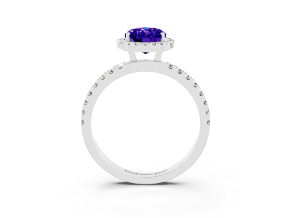 White gold Oval Cut Tanzanite Classic Halo Engagement Ring with Round Pavé Band and Prong Setting