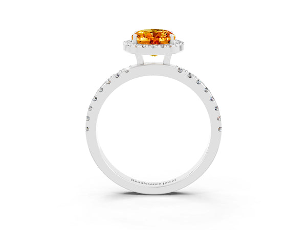 Silver Oval Cut Citrine Classic Halo Engagement Ring with Round Pavé Band and Prong Setting