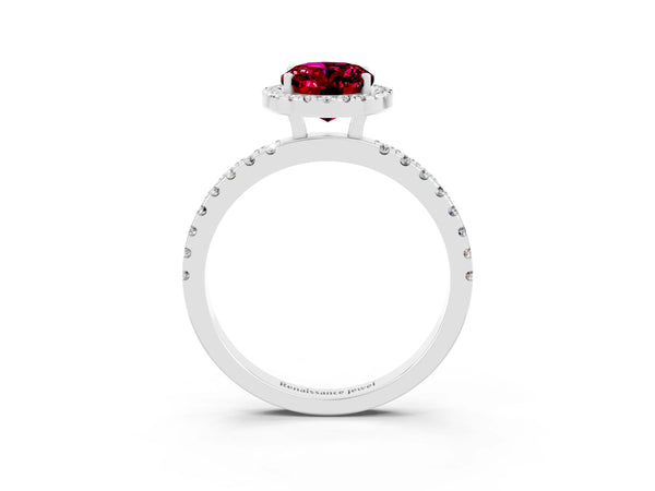 White gold Oval Cut Garnet Classic Halo Engagement Ring with Round Pavé Band and Prong Setting