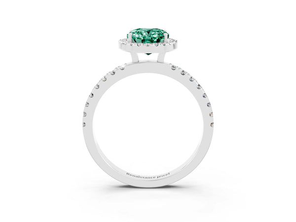 Platinum Oval Cut Green Sapphire Classic Halo Engagement Ring with Round Pavé Band and Prong Setting