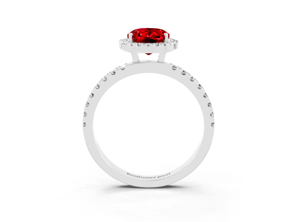 Silver Oval Cut Halo Diamond Pave Band with Prong Setting