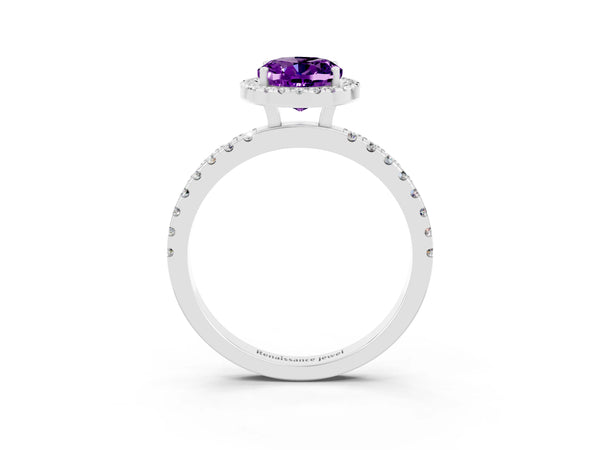 White gold Oval Cut Amethyst Classic Halo Engagement Ring with Round Pavé Band and Prong Setting