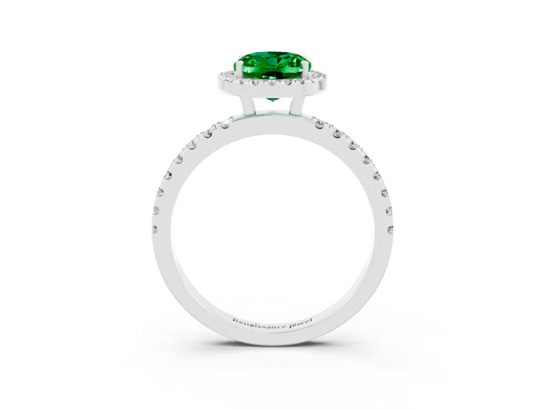 Silver Oval Cut Emerald Classic Halo Engagement Ring with Round Pavé Band and Prong Setting