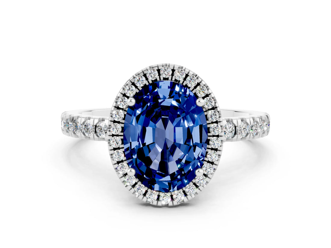 White gold Oval Cut Halo Diamond Pave Band with Prong Setting