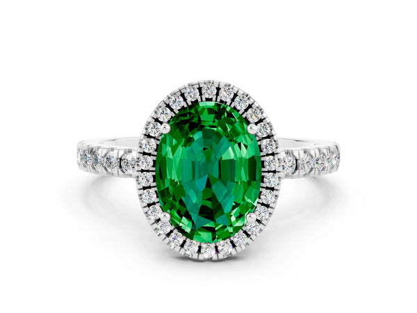 Silver Oval Cut Emerald Classic Halo Engagement Ring with Round Pavé Band and Prong Setting
