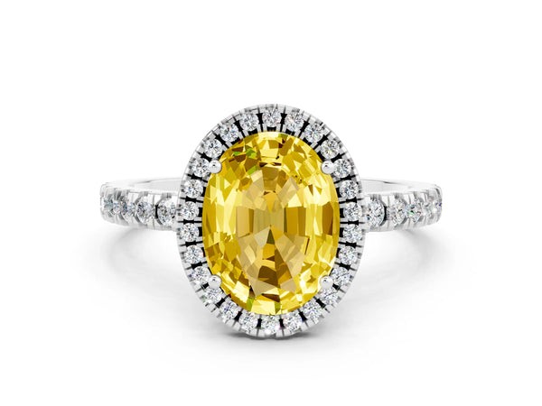 Platinum Oval Cut Yellow Sapphire Classic Halo Engagement Ring with Round Pavé Band and Prong Setting