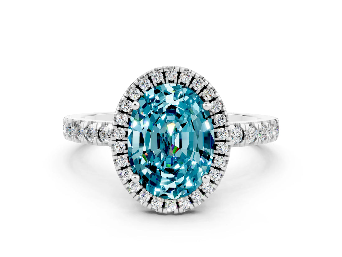 White gold Oval Cut Halo Diamond Pave Band with Prong Setting