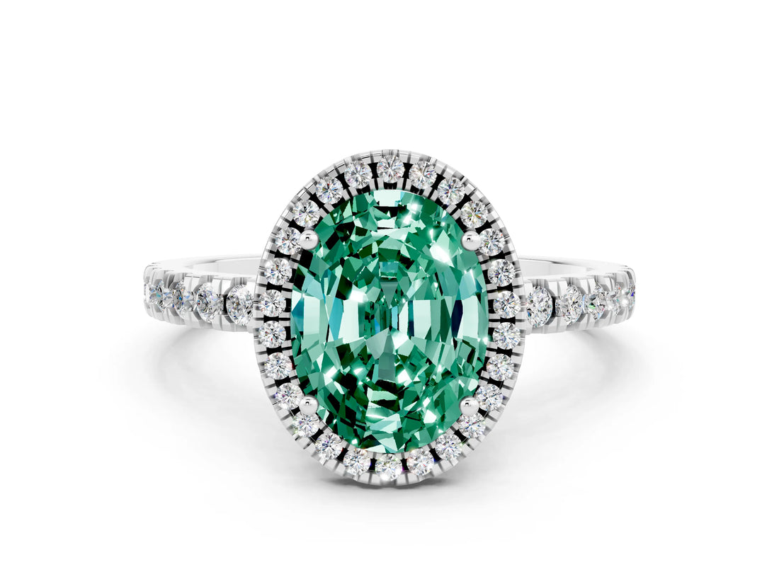 White gold Oval Cut Halo Diamond Pave Band with Prong Setting