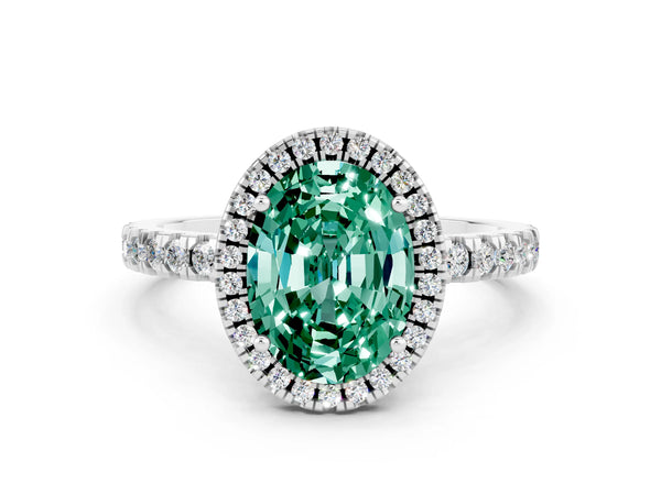 Platinum Oval Cut Green Sapphire Classic Halo Engagement Ring with Round Pavé Band and Prong Setting