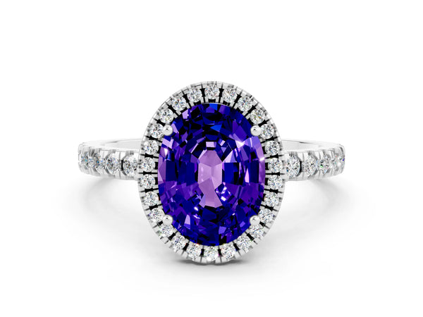 White gold Oval Cut Tanzanite Classic Halo Engagement Ring with Round Pavé Band and Prong Setting