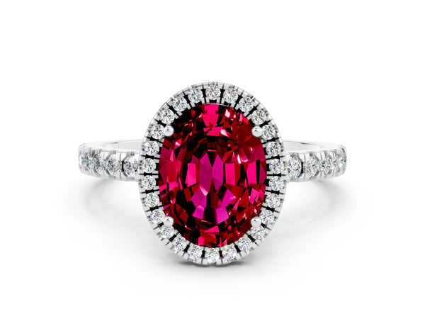 Platinum Oval Cut Garnet Classic Halo Engagement Ring with Round Pavé Band and Prong Setting