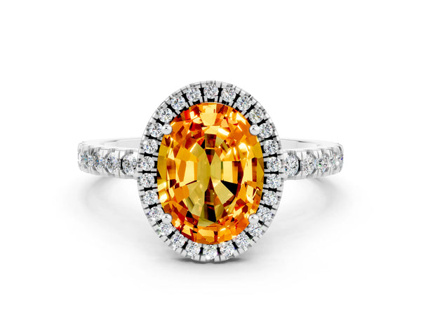 White gold Oval Cut Citrine Classic Halo Engagement Ring with Round Pavé Band and Prong Setting