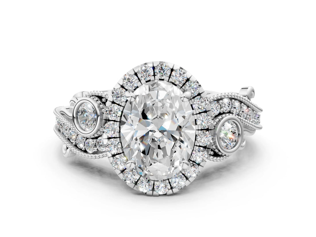 White gold Oval Cut Halo Diamond Ring with Milgrain and Bezel Accents on a Split Shank Band_15
