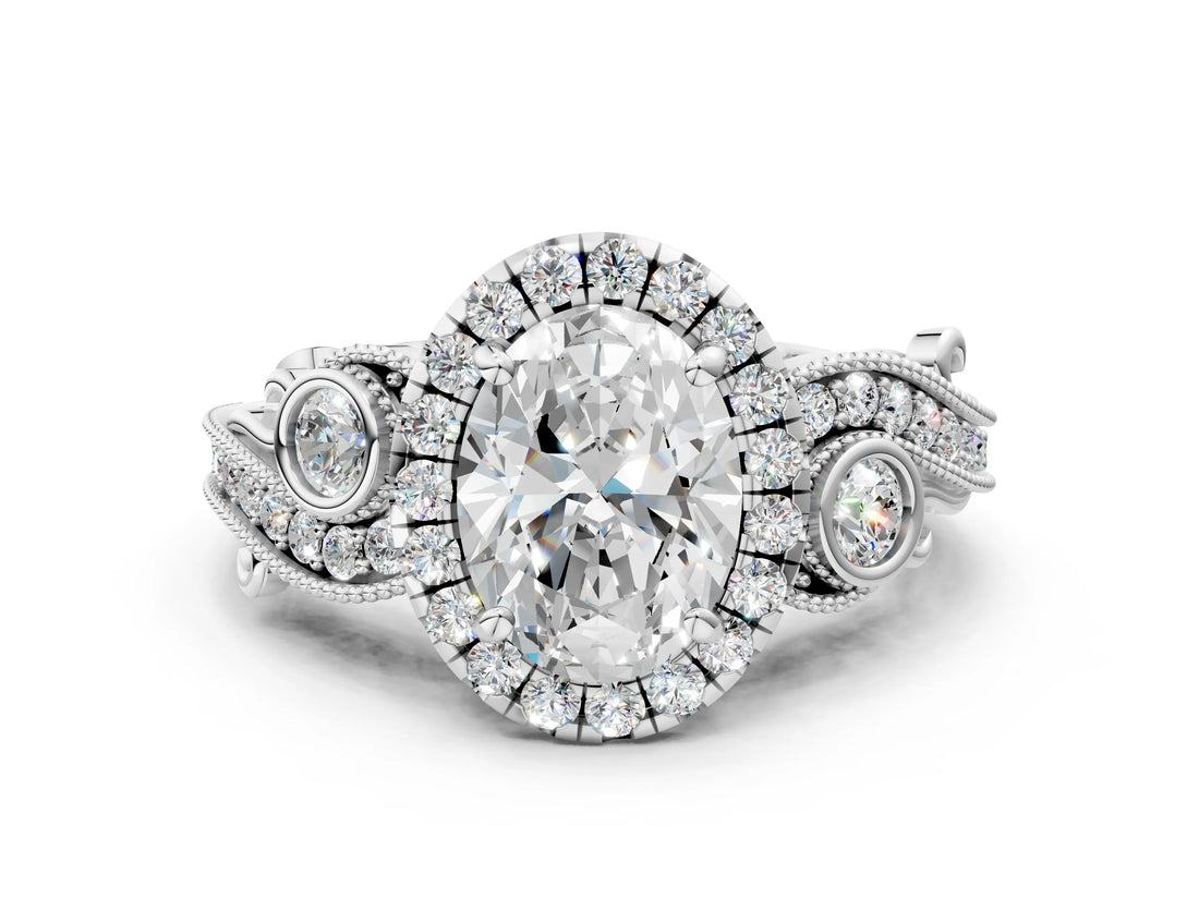 White gold Oval Cut Halo Diamond Ring with Milgrain and Bezel Accents on a Split Shank Band_16