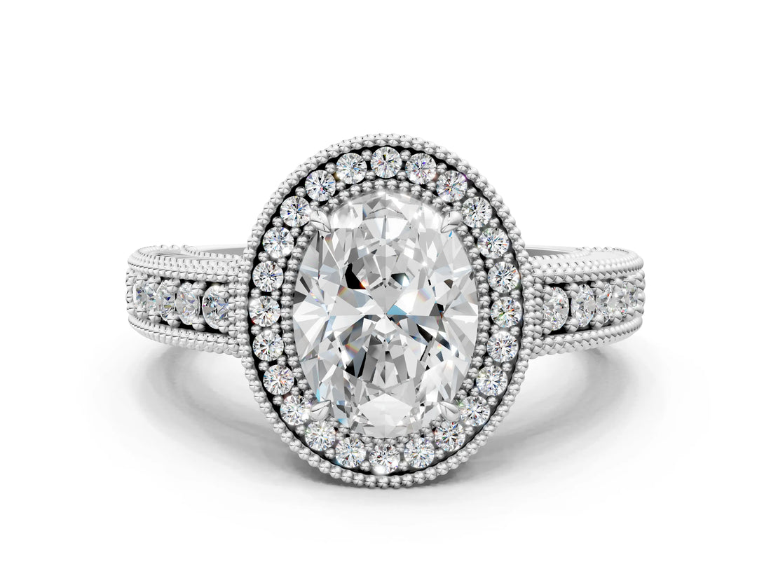 White gold Oval Cut Halo Diamond Ring with Pavé Band and Four-Prong Setting_188