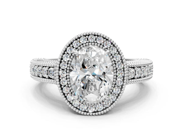 Platinum Oval Vintage Milgrain Halo Engagement Ring Setting with Pave Band and Engraving