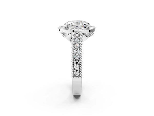 Platinum Oval Vintage Milgrain Halo Engagement Ring Setting with Pave Band and Engraving