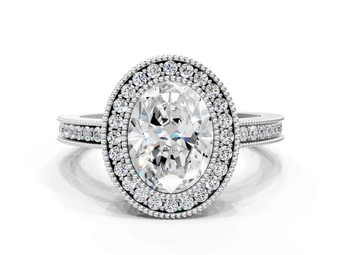 White gold Oval Cut Halo Diamond Ring with Pavé Band and Milgrain Prong Setting_32
