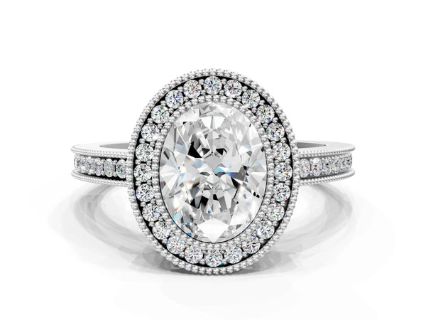 White gold Oval Cut Halo Diamond Ring with Pavé Band and Milgrain Prong Setting