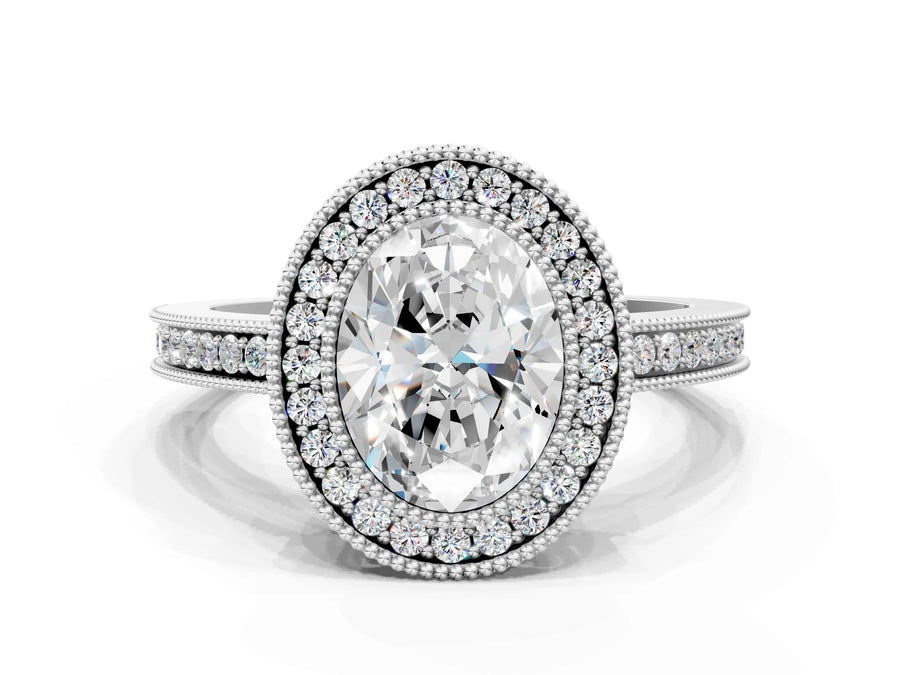 White gold Oval Cut Halo Diamond Ring with Pavé Band and Milgrain Prong Setting