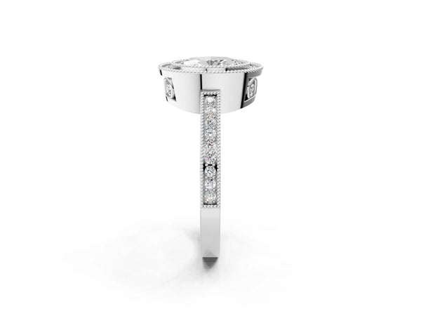 White gold Oval Cut Halo Diamond Ring with Pavé Band and Milgrain Prong Setting