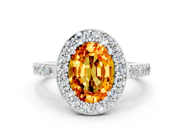 White gold Oval Cut Citrine Halo Ring with Round Pavé Split Shank and Prong Setting