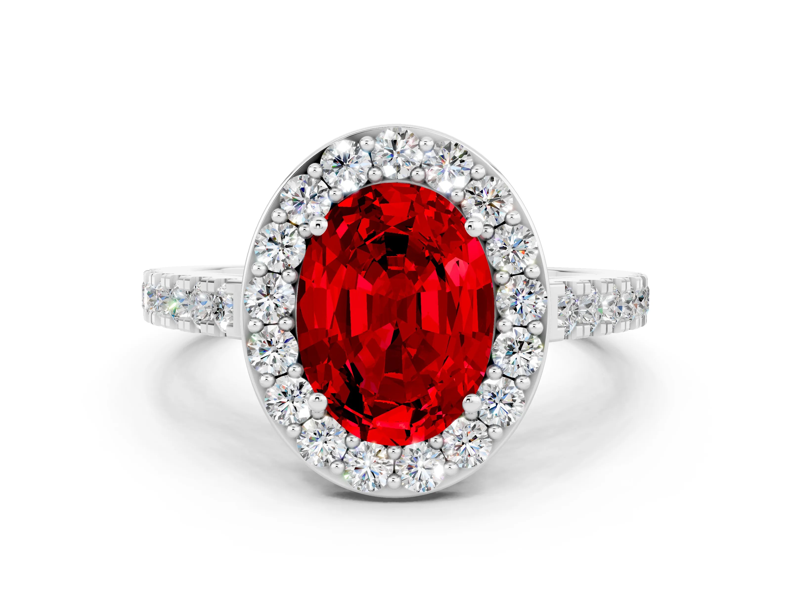 White gold Oval Cut Halo Diamond Ring with Pavé Band and Three-Prong Setting_10
