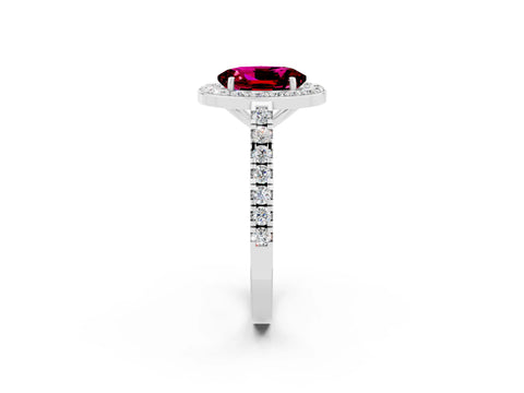 White gold Oval Cut Halo Diamond Ring with Pavé Band and Three-Prong Setting_11