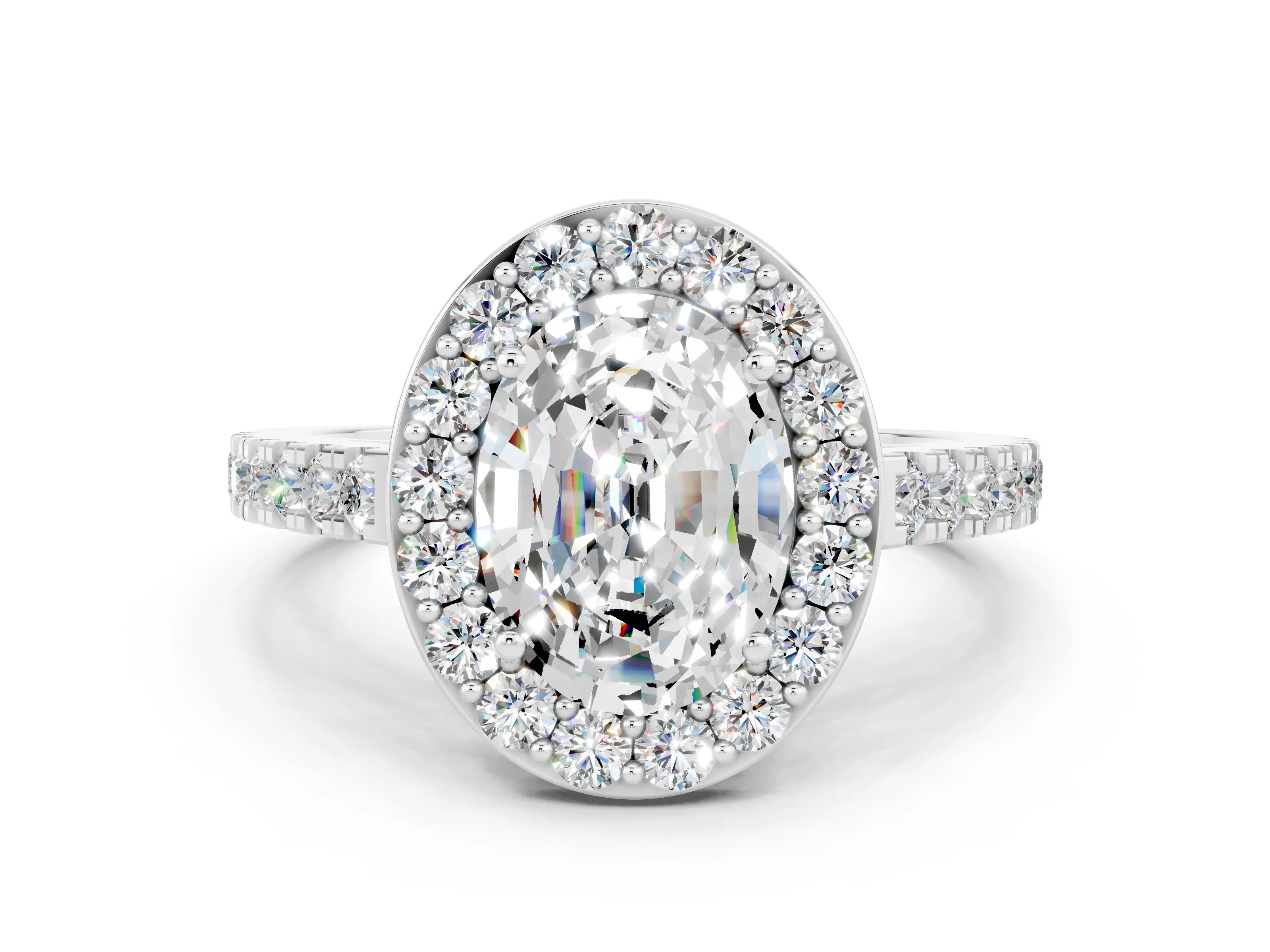 White gold Oval Cut Halo Diamond Ring with Pavé Band and Three-Prong Setting_12