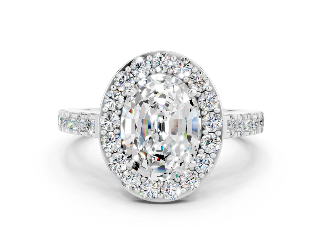 White gold Oval Cut Halo Diamond Ring with Pavé Band and Three-Prong Setting_12