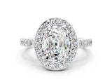 White gold Oval Cut Halo Diamond Ring with Pavé Band and Three-Prong Setting_12