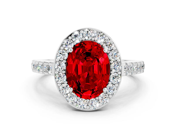Platinum Oval Cut Ruby Halo Ring with Round Pavé Split Shank and Prong Setting