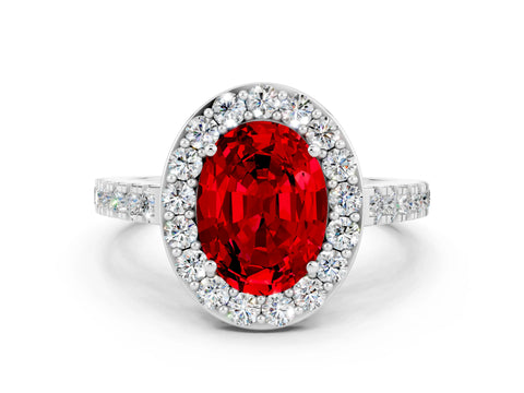 White gold Oval Cut Halo Diamond Ring with Pavé Band and Three-Prong Setting_12