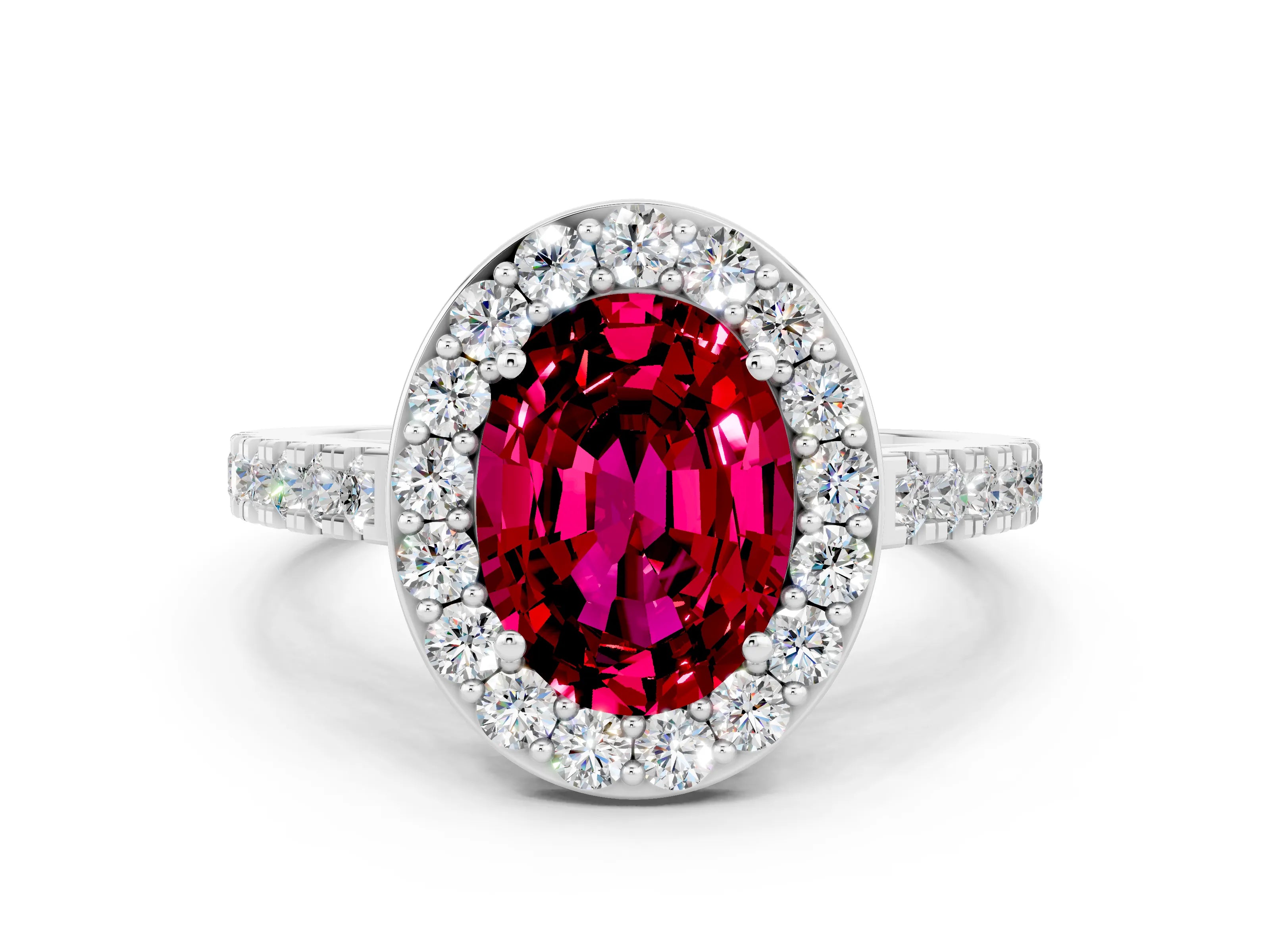 White gold Oval Cut Halo Diamond Ring with Pavé Band and Three-Prong Setting_12