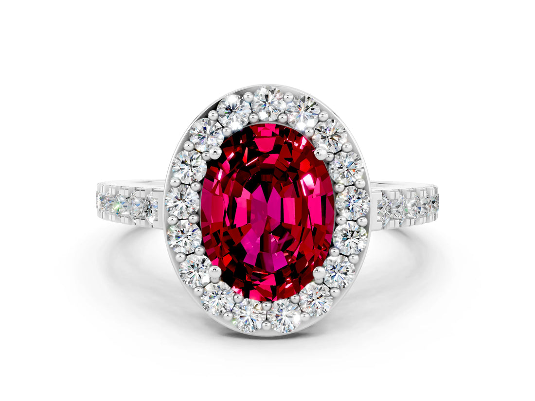White gold Oval Cut Halo Diamond Ring with Pavé Band and Three-Prong Setting_12