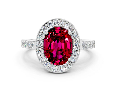 White gold Oval Cut Halo Diamond Ring with Pavé Band and Three-Prong Setting_12