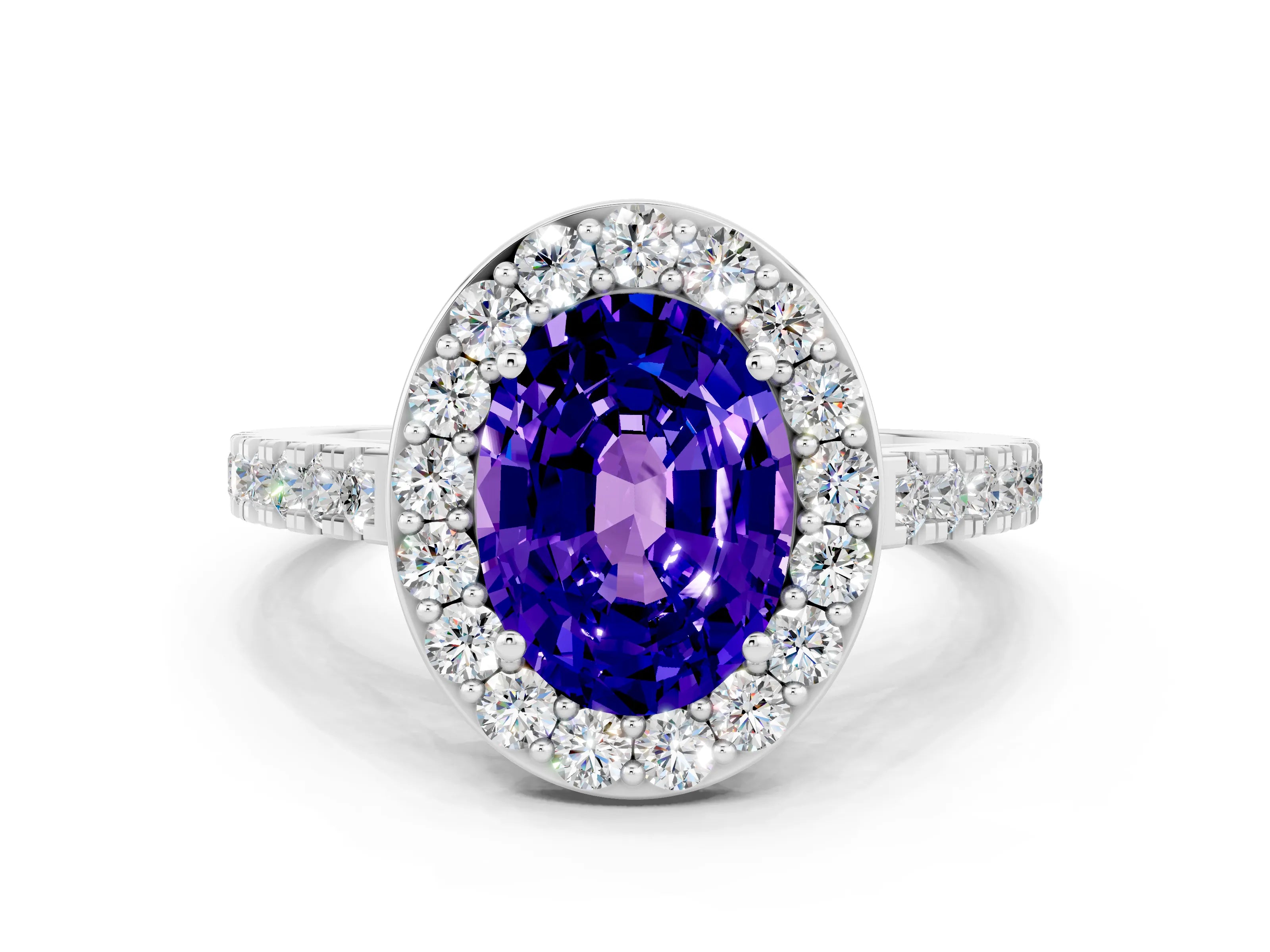 White gold Oval Cut Halo Diamond Ring with Pavé Band and Three-Prong Setting_12