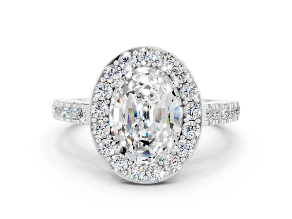 White gold Oval Cut Moissanite Halo Ring with Round Pavé Split Shank and Prong Setting