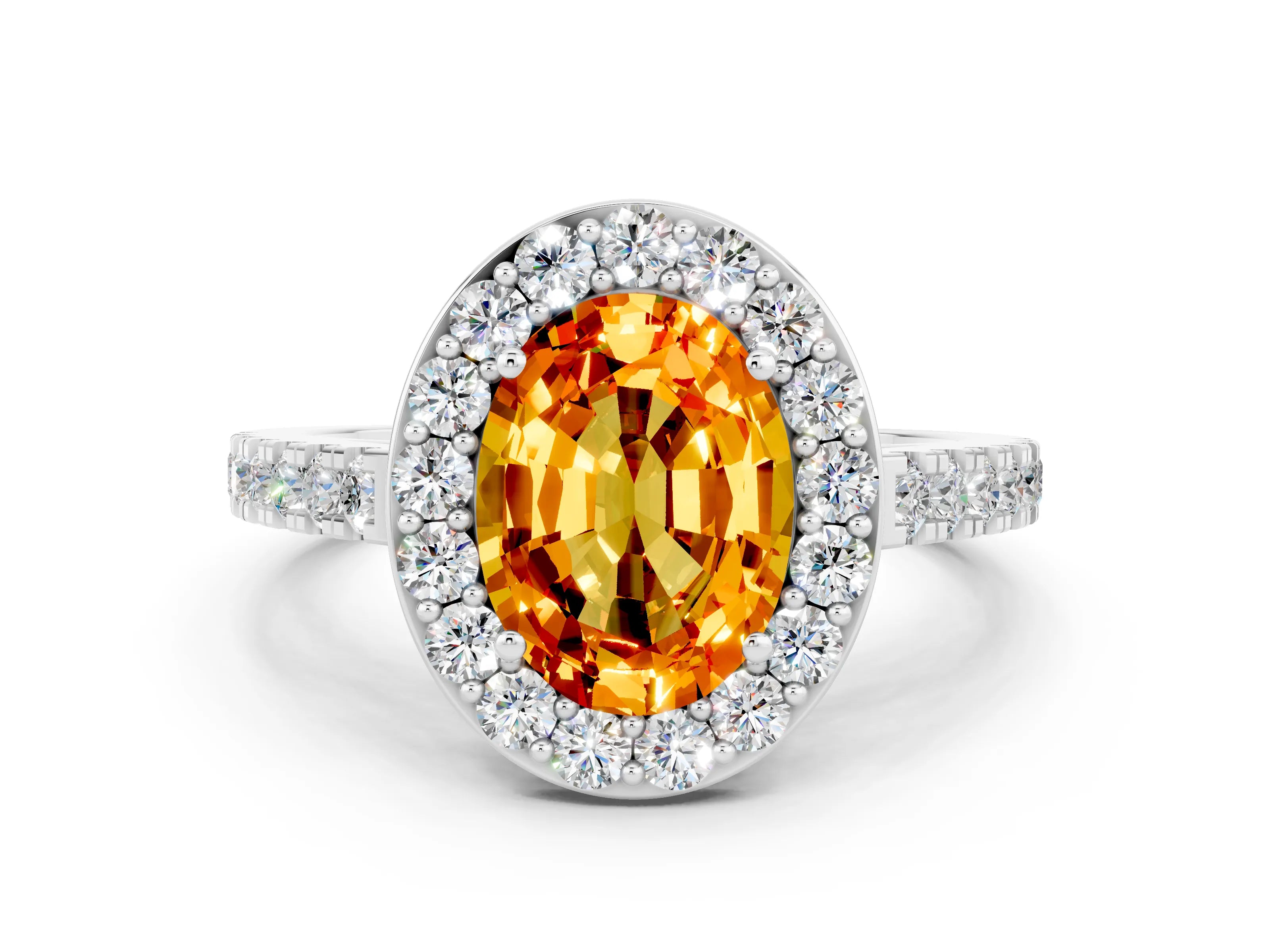 White gold Oval Cut Halo Diamond Ring with Pavé Band and Three-Prong Setting_12
