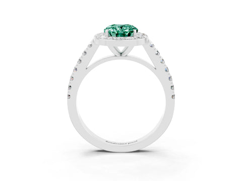White gold Oval Cut Halo Diamond Ring with Pavé Band and Three-Prong Setting_12