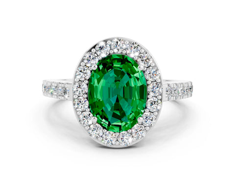 White gold Oval Cut Halo Diamond Ring with Pavé Band and Three-Prong Setting_12